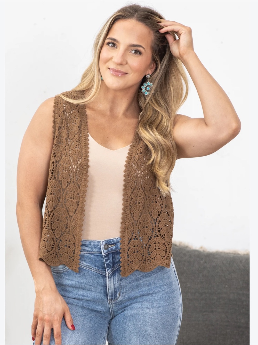 Adora Mocha Crochet Boho Open Front Vest NWT Size L